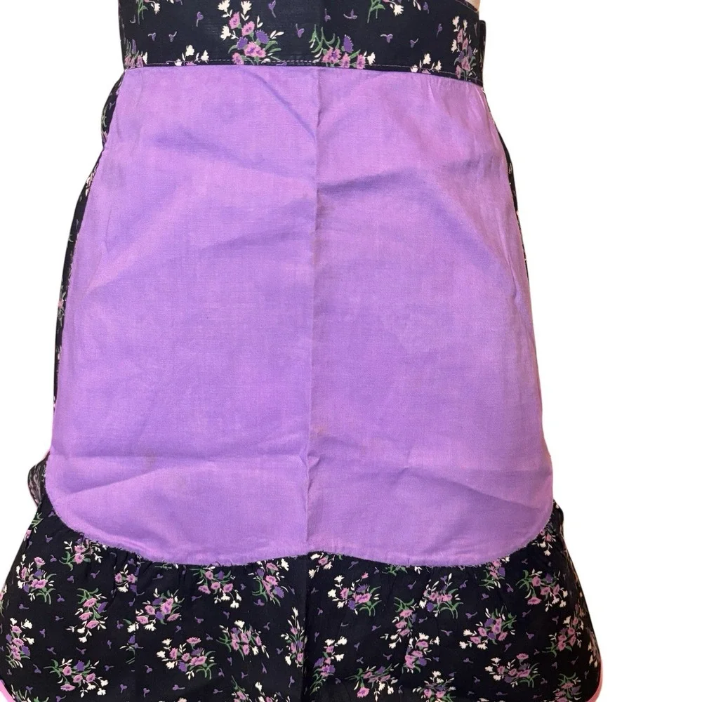 Vintage Handmade Purple Floral Ruffle Half Apron Black  Retro Cottagecore